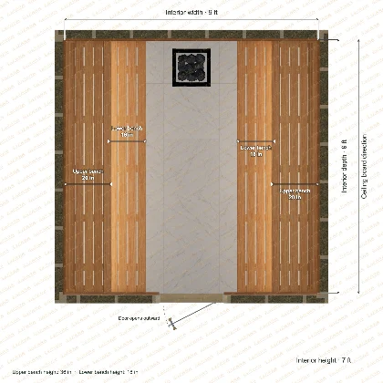 9 × 9 × 7 ft indoor sauna with opposing side benches, clear cedar top plan with room and bench dimensions