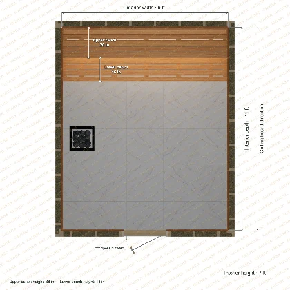 9 × 11 × 7 ft indoor sauna with straight benches, clear cedar top plan with room and bench dimensions