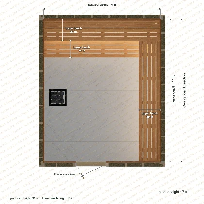 9 × 11 × 7 ft indoor sauna with upper l-shaped benches, clear cedar top plan with room and bench dimensions