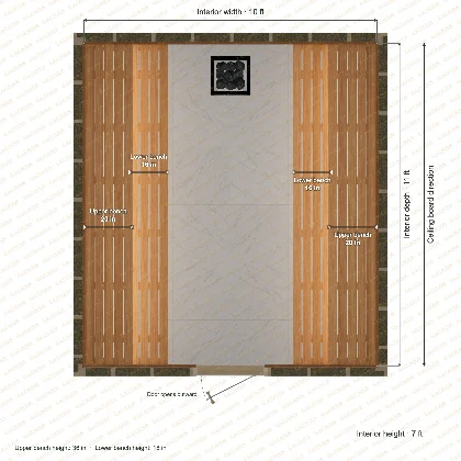 10 × 11 × 7 ft indoor sauna with opposing side benches, clear cedar top plan with room and bench dimensions