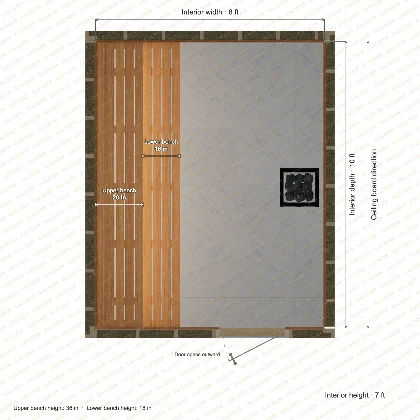 8 × 10 × 7 ft indoor sauna with straight benches, clear cedar top plan with room and bench dimensions