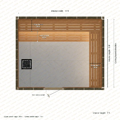 11 × 9 × 7 ft indoor sauna with upper l-shaped benches, clear cedar top plan with room and bench dimensions