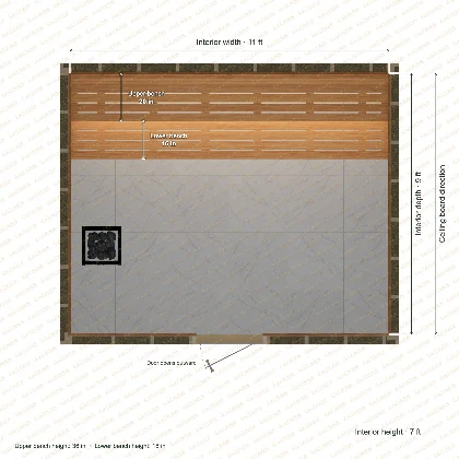 11 × 9 × 7 ft indoor sauna with straight benches, clear cedar top plan with room and bench dimensions