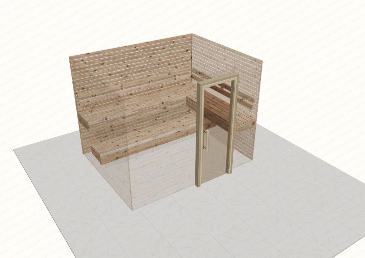 3D view of a TESLI LUX glass door in a cutaway knotty cedar sauna with a tiled floor.