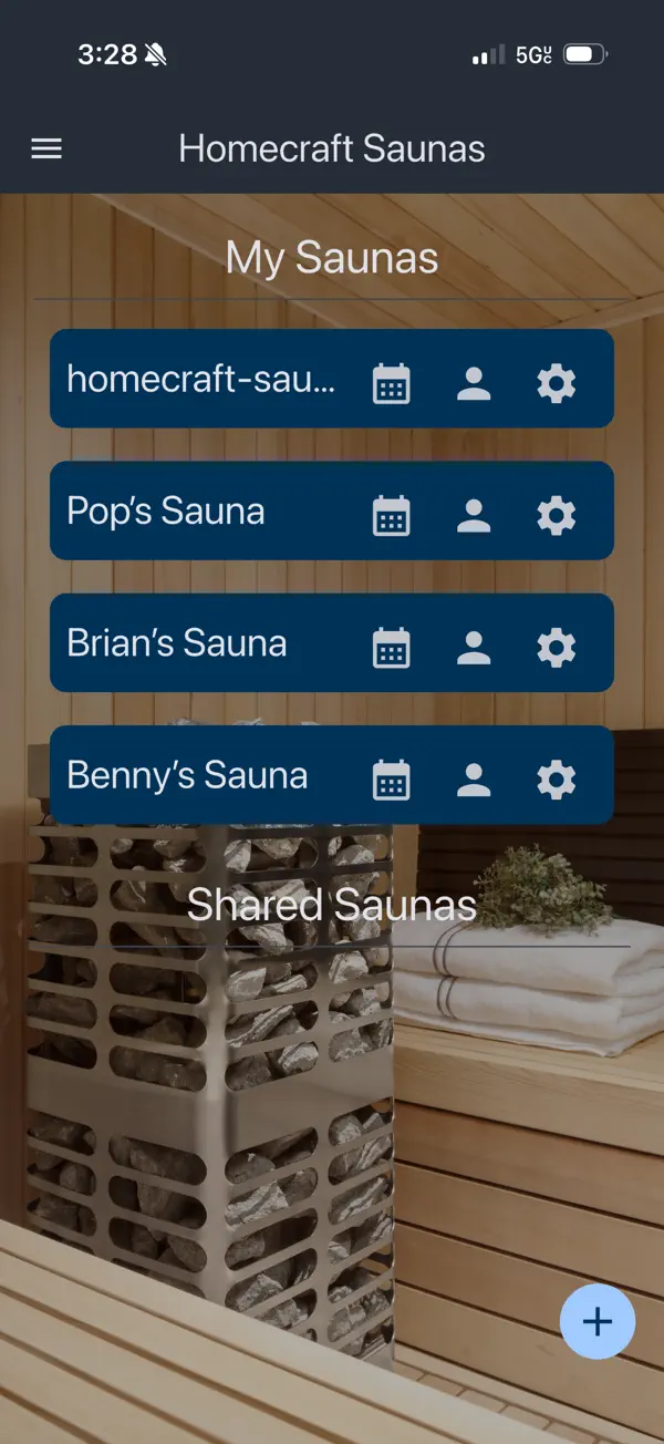 Homecraft Saunas app showing saved sauna profiles