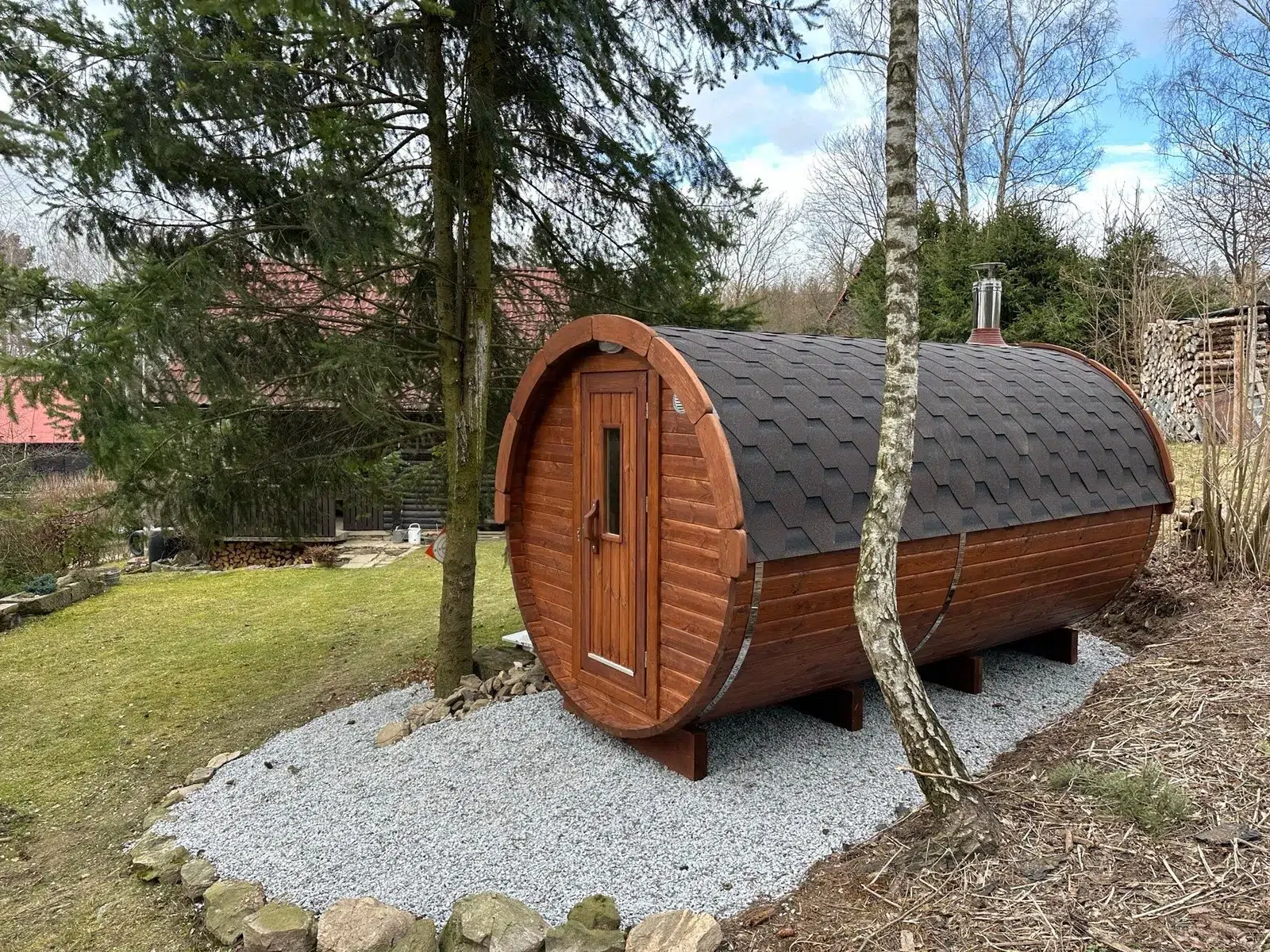 Contemporary outdoor sauna in a natural setting
