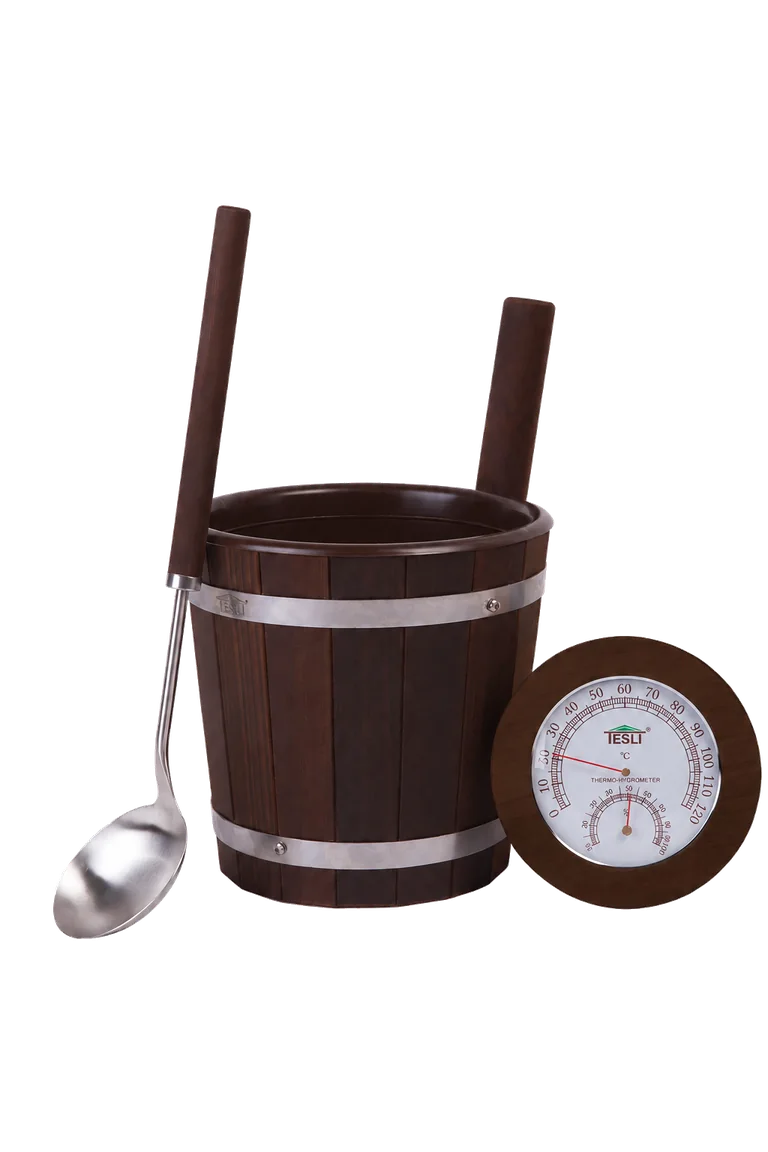 TESLI sauna bucket, ladle and thermo-hygrometer set