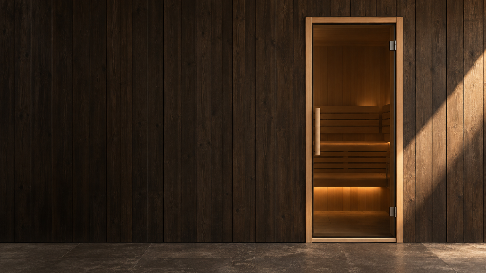 An imagined sauna entrance with bronze glass, warm timber and softly lit benches