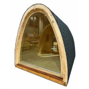 Camping pod panoramic rear window, glazing across the curved rear wall