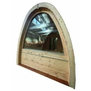Camping pod rear window, half-height glazing in the curved rear wall