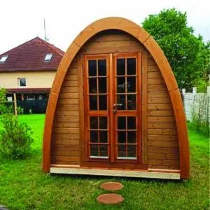 Camping pod without a porch, front exterior with double glass doors
