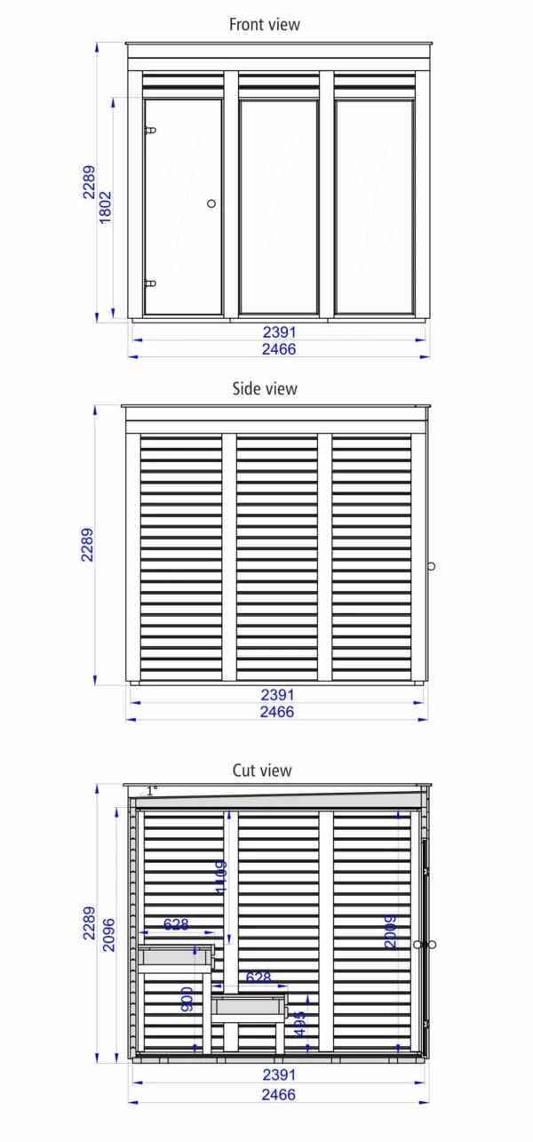 Eco Modern Outdoor Sauna Kit, dimensioned side and end drawings
