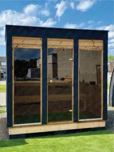 Eco Modern Outdoor Sauna Kit, front exterior with glass facade