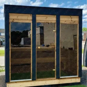 Eco Modern Outdoor Sauna Kit, front exterior with glass facade