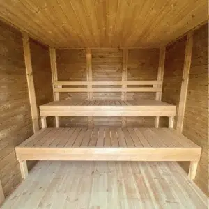 Eco Modern Outdoor Sauna Kit, interior tiered wooden benches
