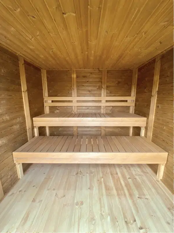 Eco Modern Outdoor Sauna Kit, interior tiered wooden benches