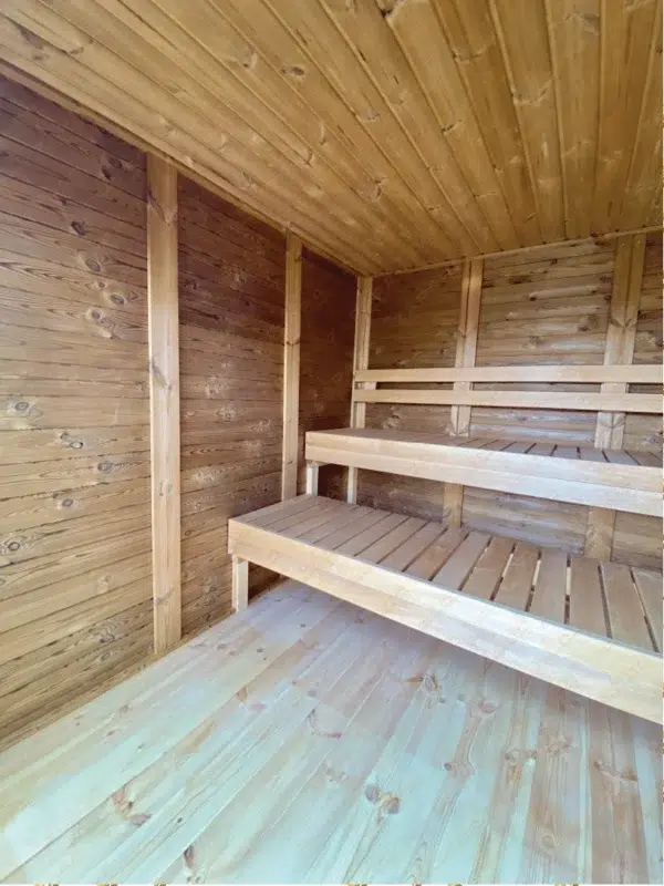 Eco Modern Outdoor Sauna Kit, interior wall and tiered benches
