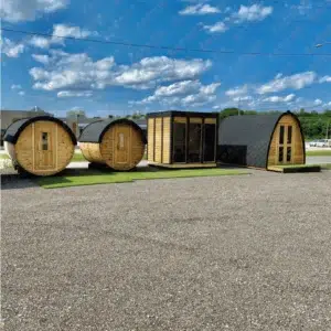 Eco Modern Outdoor Sauna Kit, outdoor display with several sauna styles