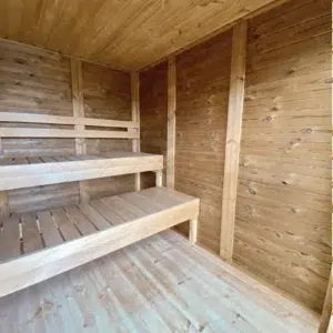 Eco Modern Outdoor Sauna Kit, side view of tiered wooden benches