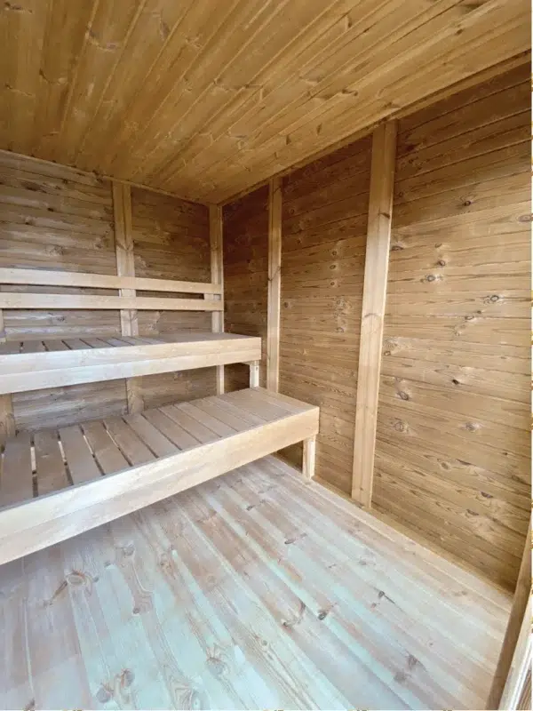 Eco Modern Outdoor Sauna Kit, side view of tiered wooden benches