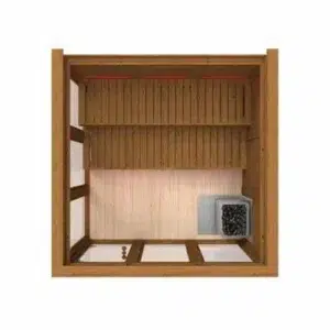 Eco Modern Outdoor Sauna Kit, top-down rendering of benches and heater