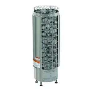 Harvia Cilindro electric sauna heater, angled view of tall stone basket