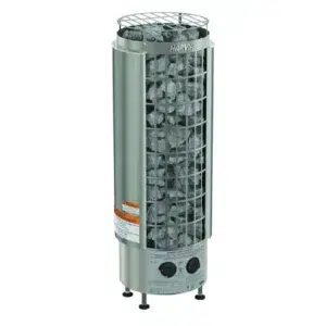 Harvia Cilindro electric sauna heater with built-in controls, angled view with control knobs at the base