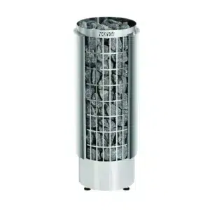 Harvia Cilindro electric sauna heater, front view of cylindrical stone basket