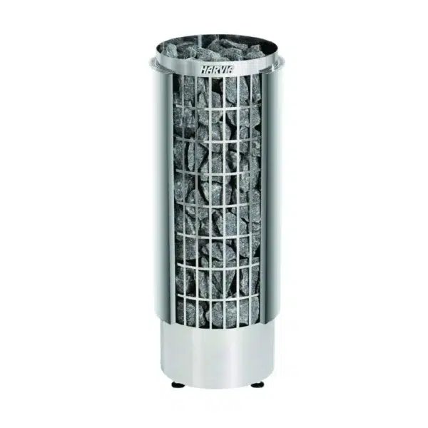 Harvia Cilindro electric sauna heater, front view of cylindrical stone basket