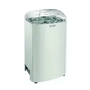Harvia Club electric sauna heater, angled product view with stones and top grille