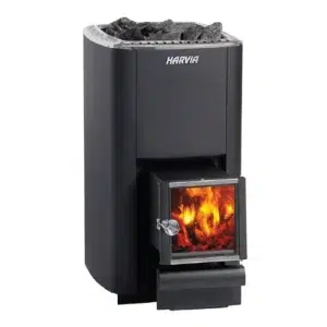 Harvia M3 SL wood-burning sauna stove, angled view with extended firebox door