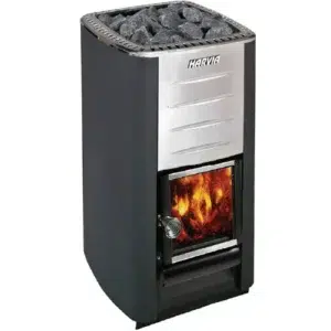 Harvia M3 wood-burning sauna stove, angled product view with sauna stones and burning firebox