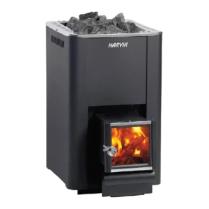 Harvia Pro 20 SL wood-burning sauna stove, angled view with extended firebox door