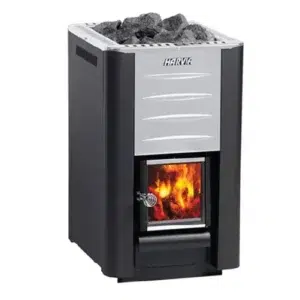 Harvia Pro 20 wood-burning sauna stove, angled product view with sauna stones and burning firebox