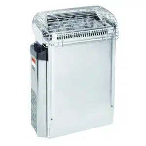 Harvia Topclass electric sauna heater with built-in controls, silver casing with top protective grille