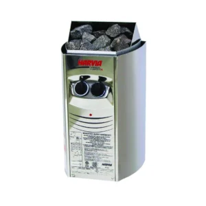 Harvia Vega Compact electric sauna heater with built-in controls, front angled product view with sauna stones