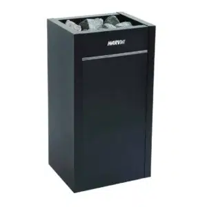 Harvia Virta electric sauna heater, black rectangular casing with sauna stones