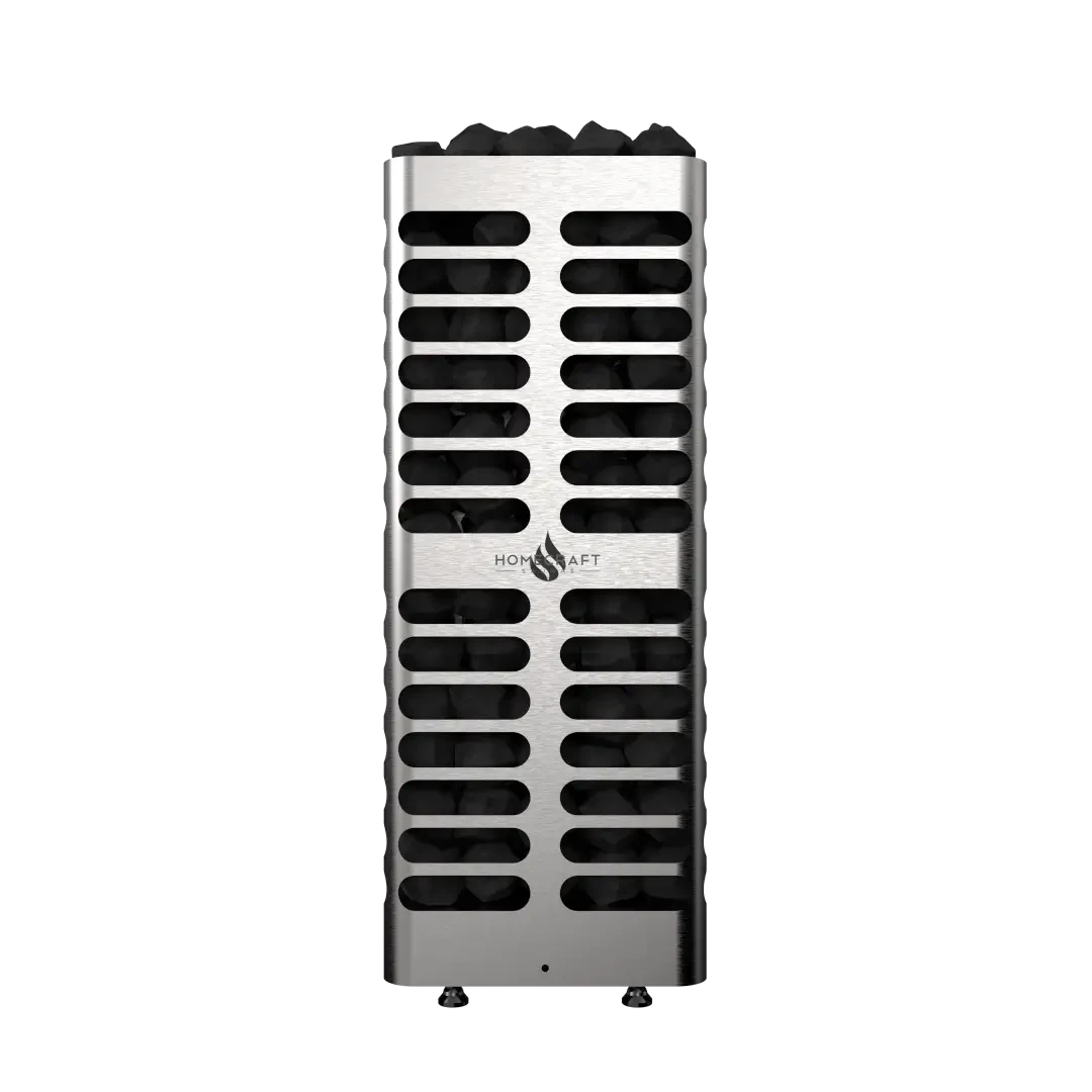 Homecraft Revive electric sauna heater with a tall open stone basket