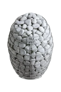 HUUM DROP electric sauna heater, angled top view of rounded stone basket