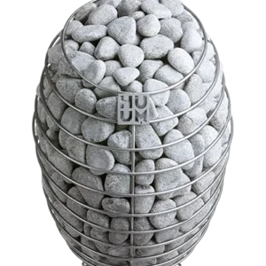 HUUM DROP electric sauna heater, angled top view of rounded stone basket