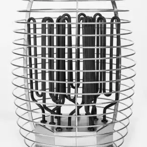 HUUM HIVE electric sauna heater, heating elements visible inside the empty basket