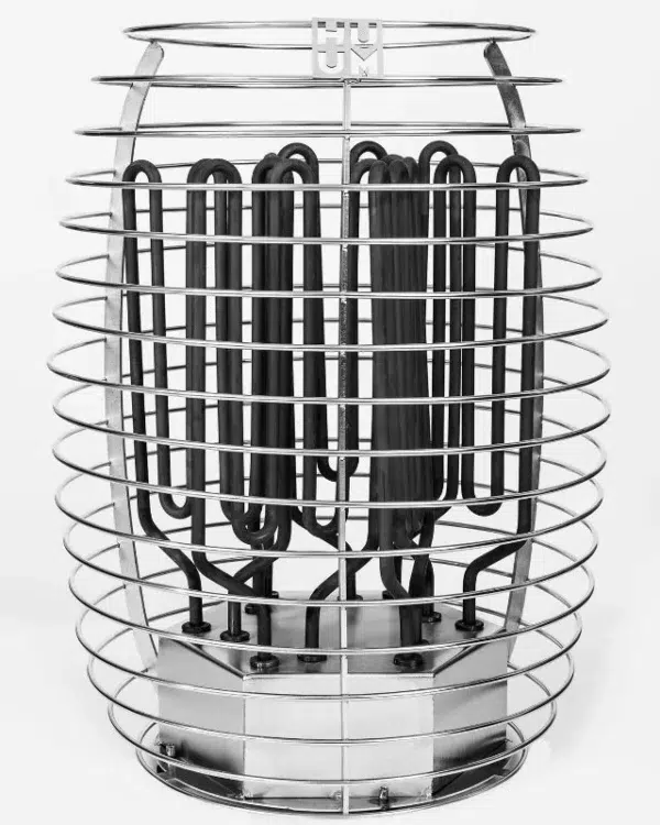 HUUM HIVE electric sauna heater, heating elements visible inside the empty basket