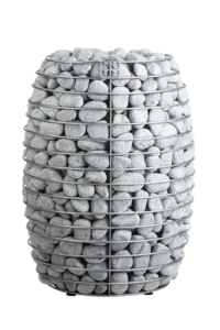 HUUM HIVE electric sauna heater, rounded metal basket filled with sauna stones