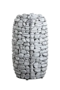 HUUM HIVE Mini electric sauna heater, rounded metal basket filled with sauna stones