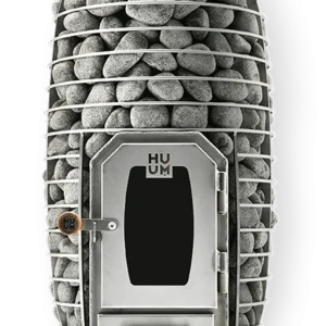 HUUM HIVE Wood sauna stove, close-up of the firebox door and surrounding stones