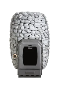 HUUM HIVE Wood sauna stove, front view of the stone-filled cage and glass firebox door