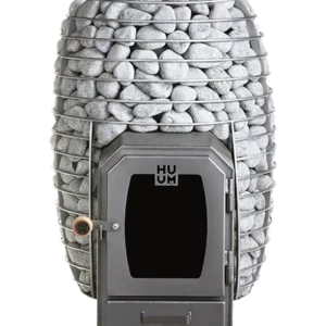 HUUM HIVE Wood sauna stove, front view of the stone-filled cage and glass firebox door