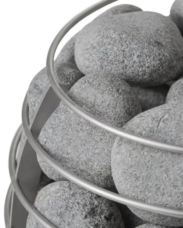 HUUM sauna stones, close-up of stones behind the heater cage