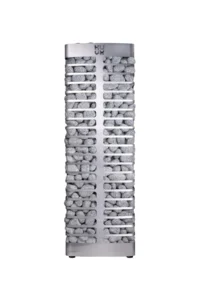 HUUM steel electric sauna heater, front view of tall slotted stone basket