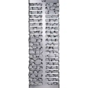 HUUM steel electric sauna heater, front view of tall slotted stone basket